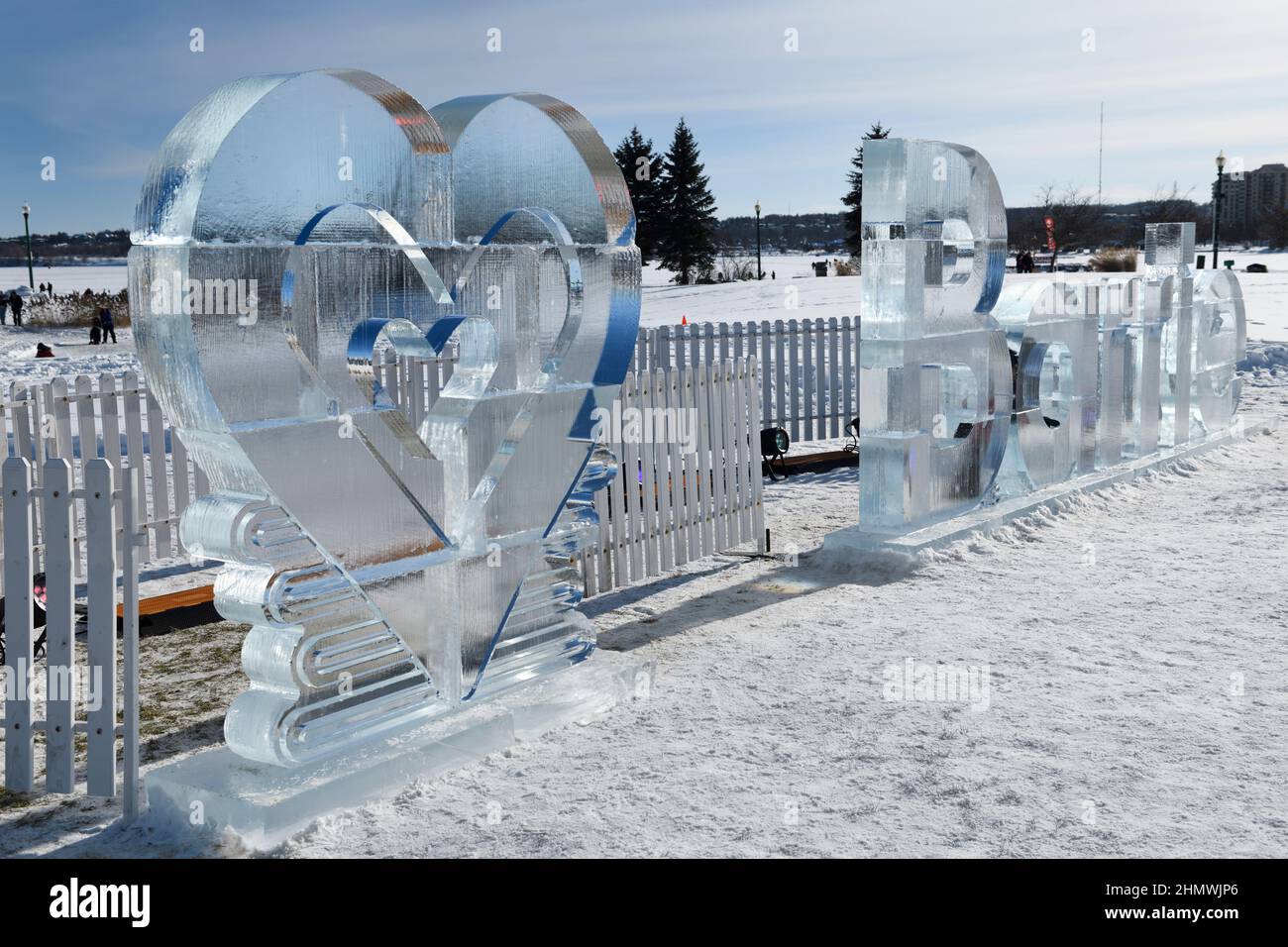 Heart love Barrie ice sculpture at 2022 Winterfest in Barrie called Hello Winter in Heritage Park on Kempenfelt Bay Stock Photo
