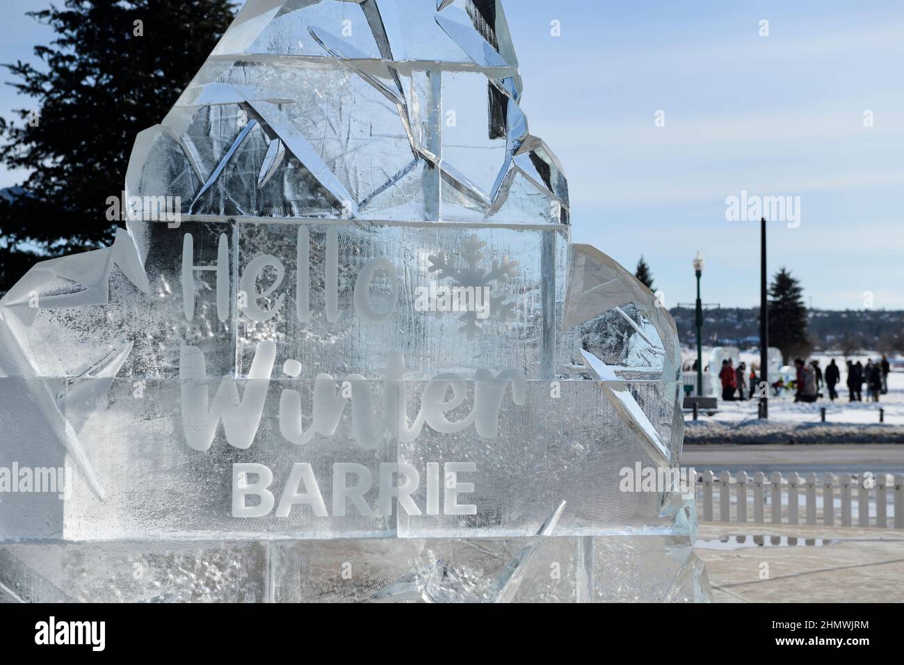 Hello Winter Barrie ice sculpture at Meridian Place in downtown Barrie for Winterfest 2022 Stock Photo