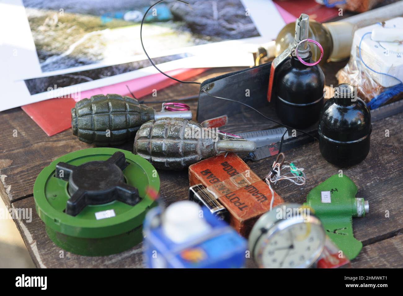 Mines and grenades for exposition during an open military training for