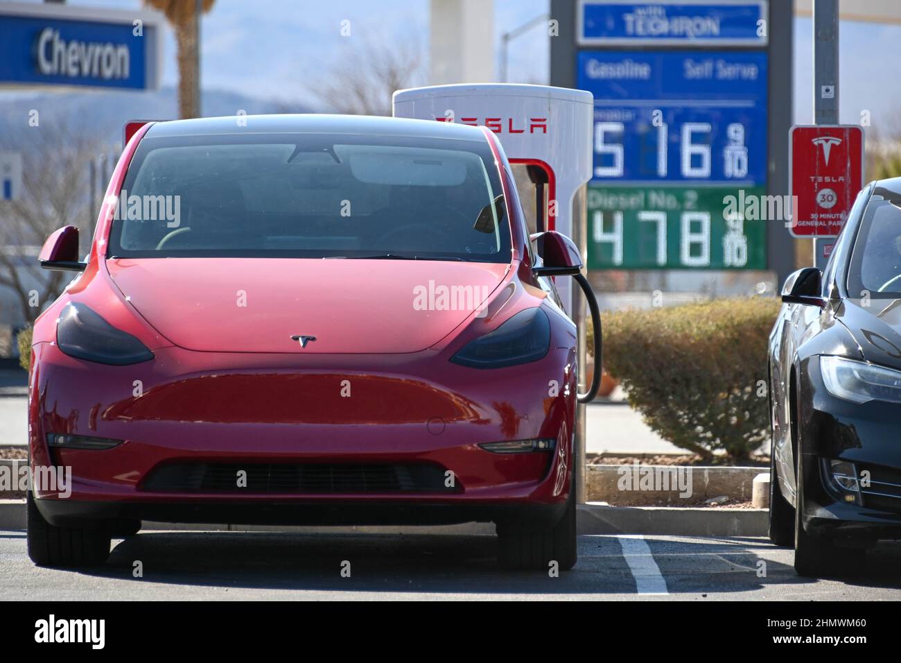 Tesla Model Y cars are seen charging at Tesla Super Chargers with high