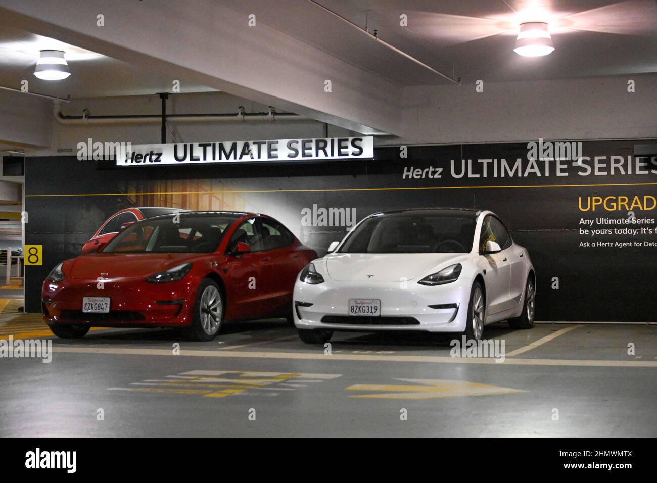 San Francisco, United States. 08th Feb, 2022. Tesla Model 3 cars sit on