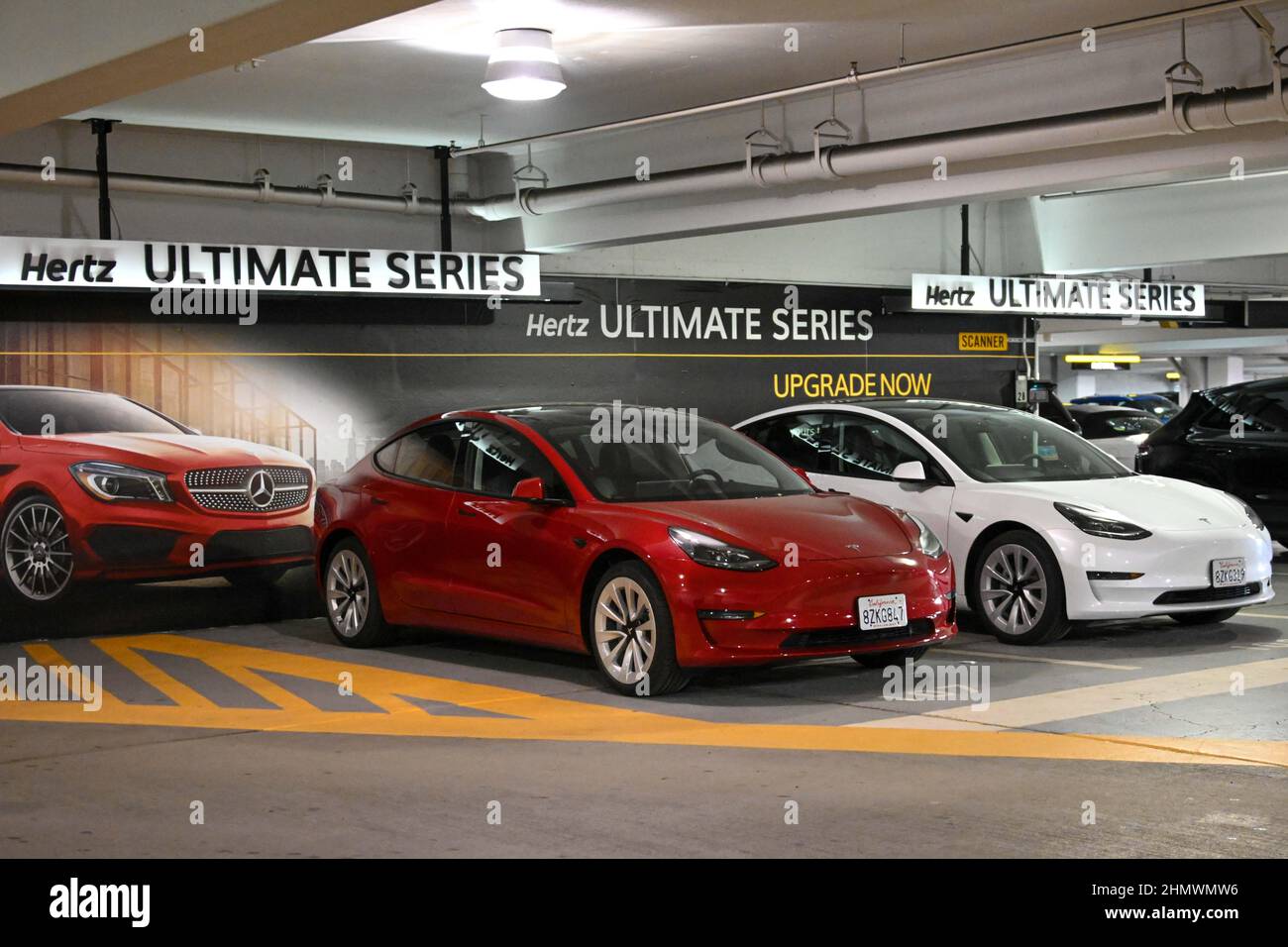 San Francisco, United States. 08th Feb, 2022. Tesla Model 3 cars sit on
