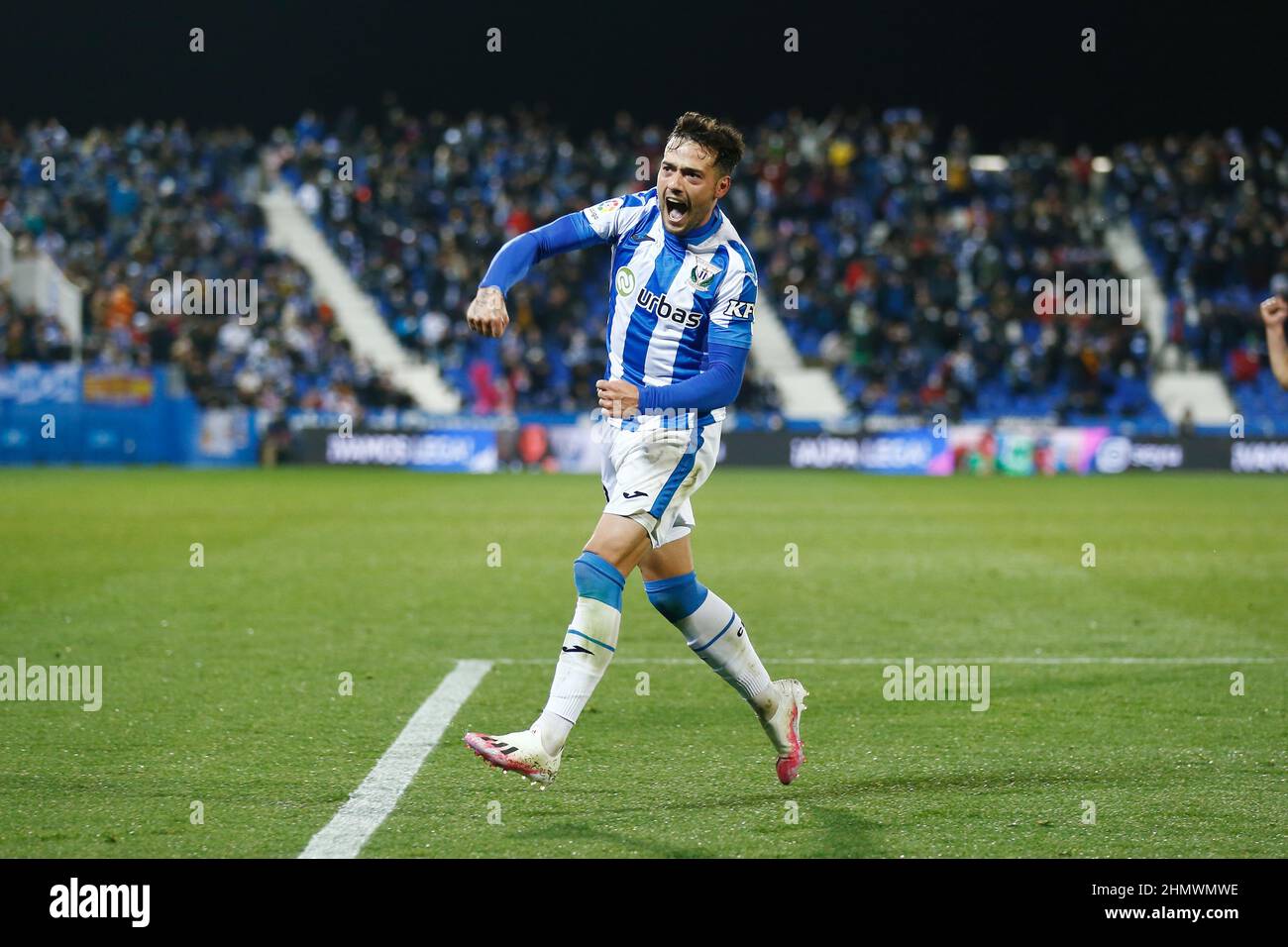 Leganes, Spain. 11th Feb, 2022. Jose Arnaiz (Leganes) Football/Soccer :  Arnaiz celebrate after his goal during Spanish "La Liga Smartbank" match  between CD Leganes 2-1 Real Zaragoza at the Estadio Municipal de