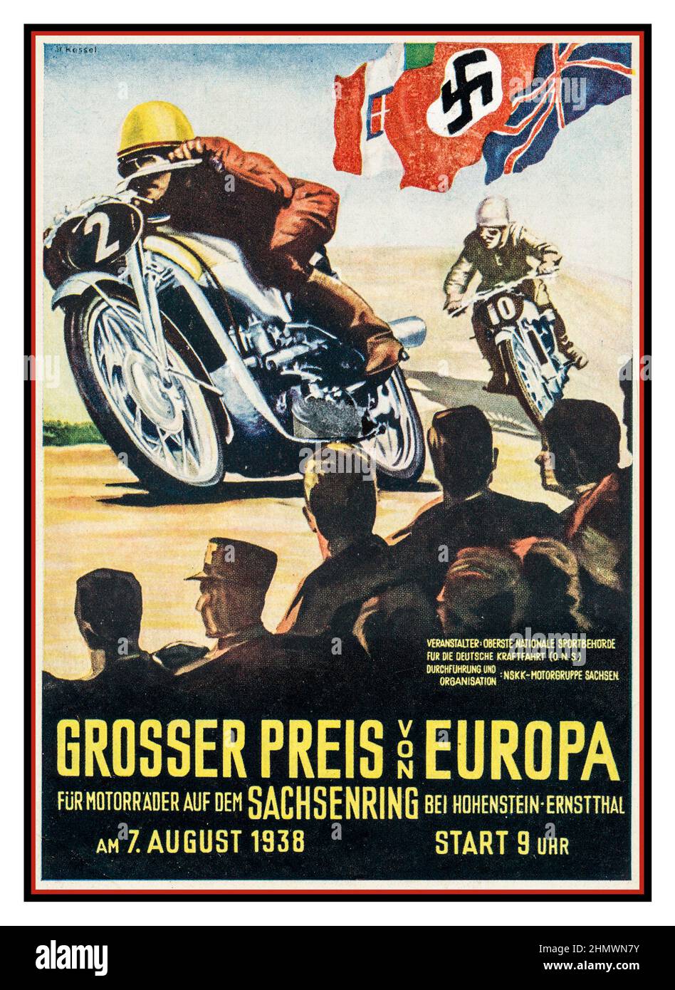 Nazi Propaganda: Grand Prix of Europe: 1938 GROSSER PREIS von EUROPA, colour propaganda poster advertisement for motorcycle racing motorbike race on the Sachsenring, with Nazi Swastika flag prominent on poster Nazi Germany Stock Photo