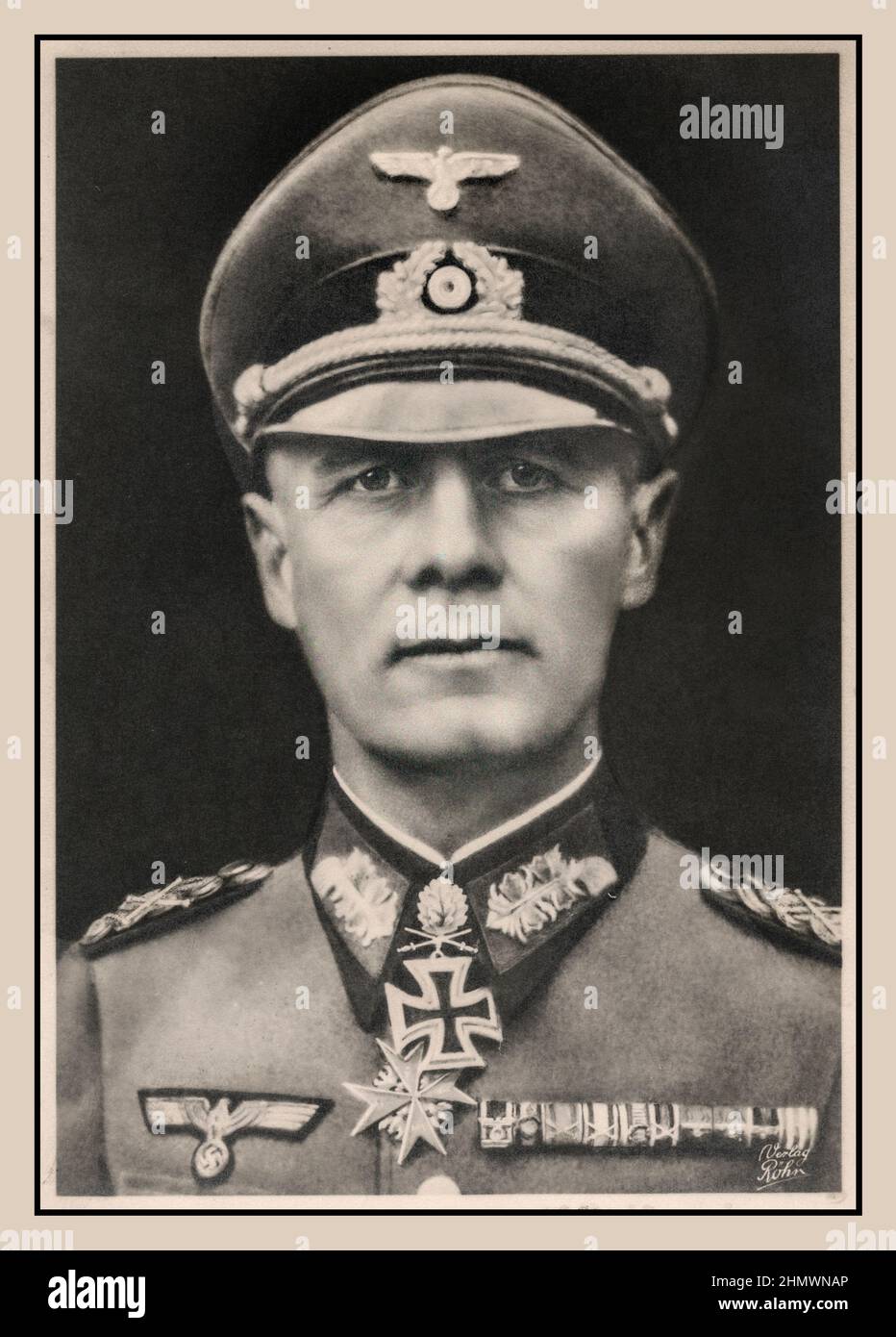 ROMMEL Formal Portrait of Erwin Rommel 1940's  German General Field Marshall and military theorist. Popularly known as the Desert Fox, he served as field marshal in the Wehrmacht of Nazi Germany during World War II. Rommel was a highly decorated officer in World War I and was awarded the Pour le Mérite for his actions on the Italian Front. Subsequent Knight's Cross of the Iron Cross with Oak Leaves medal in WW2  An old school respected Army Field Marshall who could see the huge irrational & criminal shortcomings in Adolf Hitler and supported the attempted assassination which sealed his fate. Stock Photo