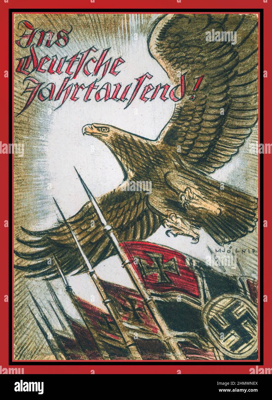Nazi Propaganda 1930s card poster with 'Ans Deutsche Fahrtaussend ' 'To the German travels' with German swastika flags and banners, German eagle soaring overhead Stock Photo