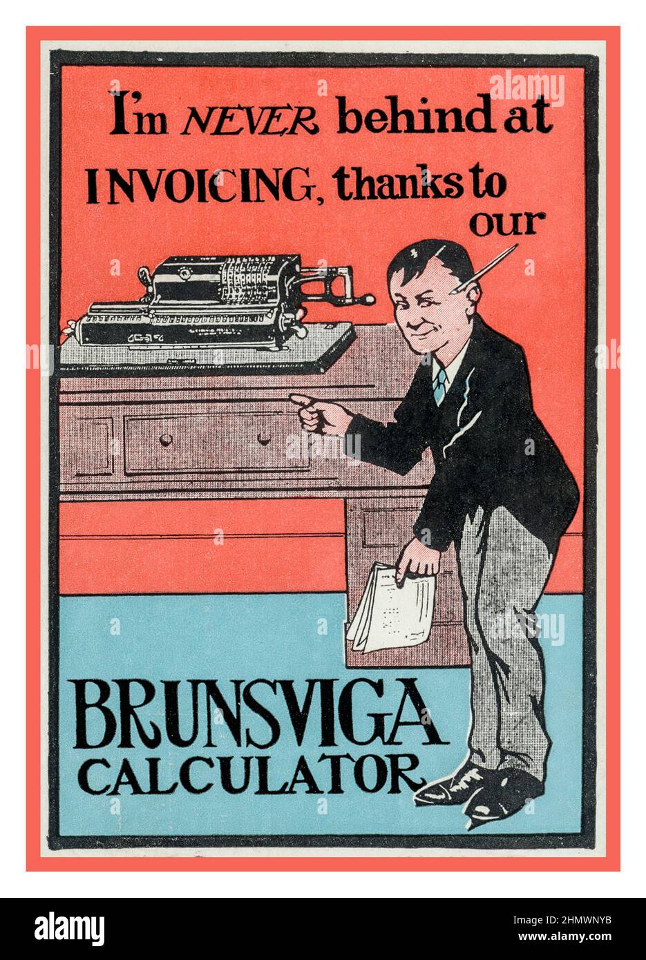 1930s Office Technology accounting calculator BRUNSVIGA advertisement illustrating an accounts clerk who is never behind with his invoicing The Brunsviga Nova 13 Mechanical Calculator Stock Photo