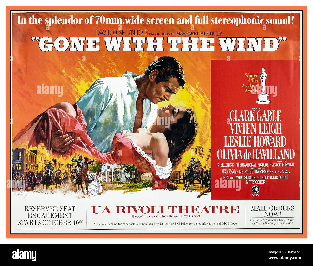 GONE WITH THE WIND Vintage movie poster starring Clark Gable and Vivien Leigh 1930’s Vintage Movie Film Poster  1939, M.G.M., USA by artist Armando Seguso  Gone with the Wind is a 1939 American epic historical romance film adapted from the 1936 novel by Margaret Mitchell. The film was produced by David O. Selznick of Selznick International Pictures and directed by Victor Fleming. The leading roles are played by Vivien Leigh (Scarlett), Clark Gable (Rhett), Leslie Howard (Ashley), and Olivia de Havilland (Melanie). Stock Photo