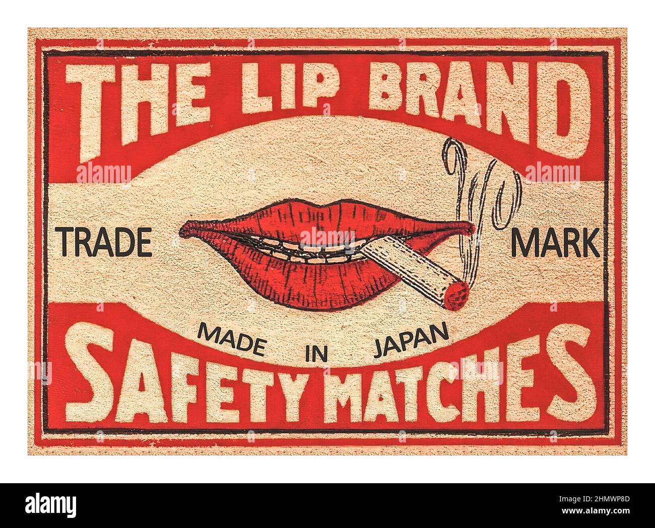 Vintage Safety Matches Match Box Top 'The Lip Brand' Made in Japan. Showing a pair of red female lips with a cigarette smoking between them Stock Photo