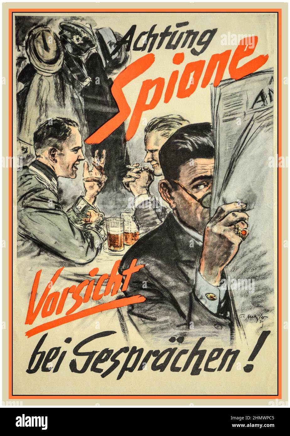 WW2 Nazi Germany Spies Espionage cautionary poster 1939 'Caution spies. Be careful with conversations!' World War II Second World War German Propaganda Poster Public Information Stock Photo