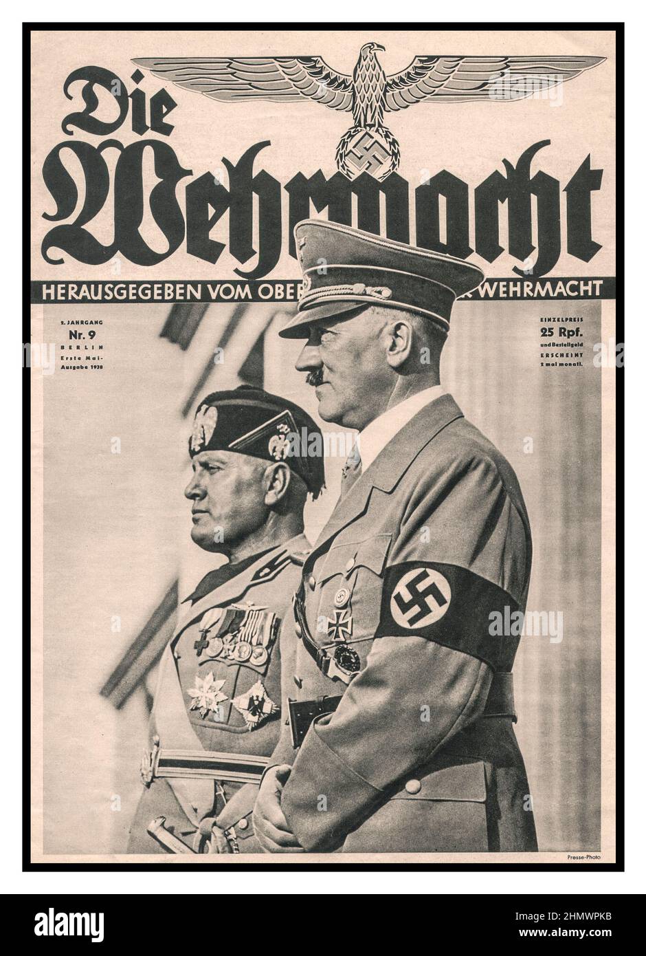 HITLER & MUSSOLINI Nazi Propaganda Magazine 'Die Wehrmacht' 1938 featuring Fuhrer Adolf Hitler  leader of Nazi Germany and Benito Mussolini leader of Facist Italy on the front cover, Stock Photo