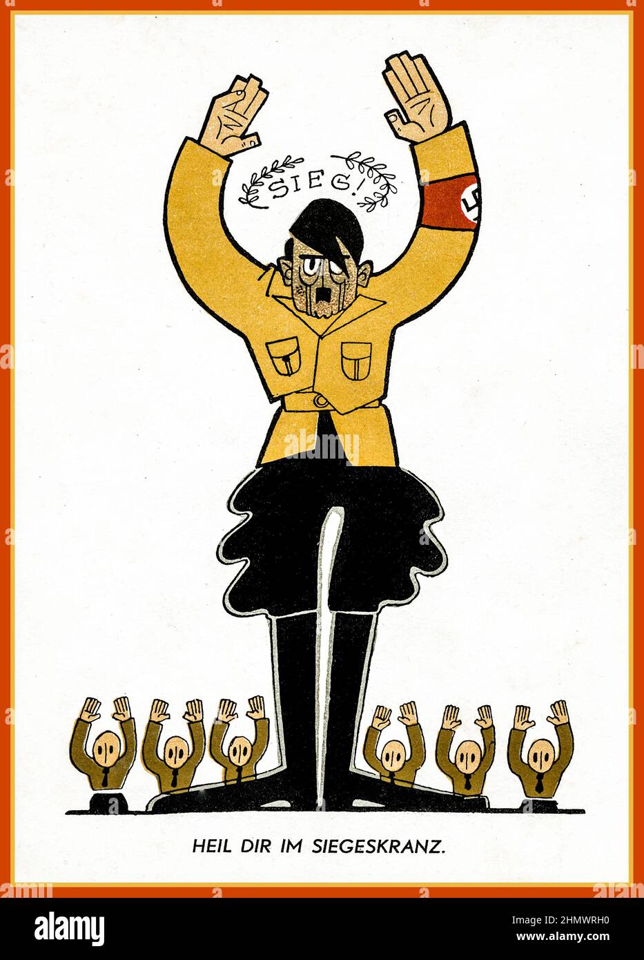 Vintage 1930s anti Nazi propaganda cartoon caricature of Adolf Hitler in Sturmabteilung uniform with the headline 'SIEG' 'Victory'  Heil dir im siegeskranz, 'Hail to you in the wreath of victory' Adolf Hitler and collegues have their hands up in surrender Stock Photo