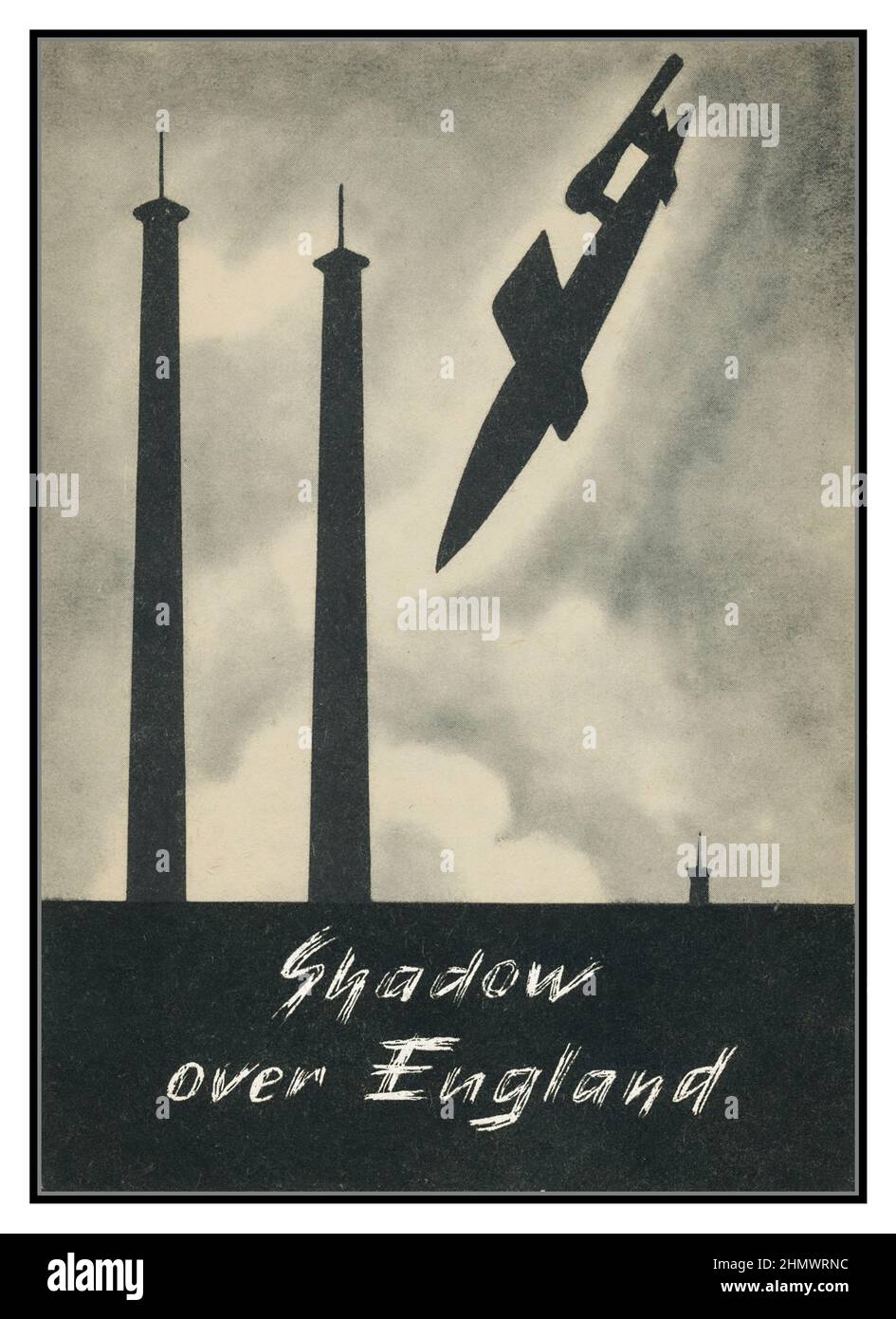 WW2 V1 Nazi Rocket Flying Bomb Doodlebug Nazi Bombs poster propaganda Germany leaflet drop 1944,  'Shadow over England' series of Nazi propaganda leaflets distributed by Nazi Germany over England 1940’s series of leaflets distributed over Allied troops as they fought up the boot of Italy in 1944-5. Propaganda Abschnitts Offizer Italien. series depicts V1's, aka 'Doodlebugs' and 'Flying Bombs', flying towards/over England. Stock Photo