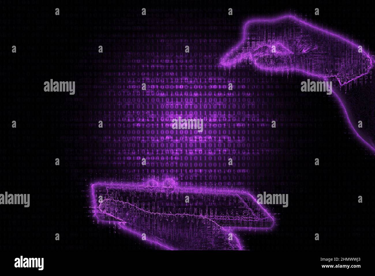 Blurred hand holding phone and hand pointing to space in futuristic purple neon background with matrix binary code. Darkweb, darknet, hacking concept. Stock Photo