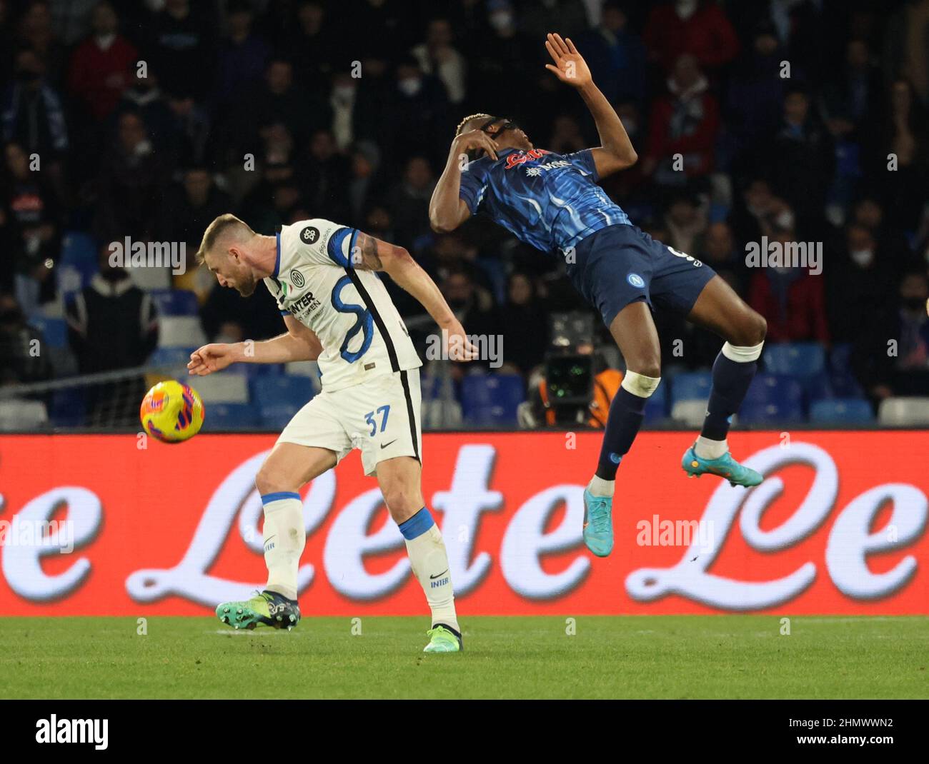 Naples, Campania, Italy. 12th Feb, 2022. Inter Milan Skriniar fouls Victor  Osimhen of Napoli in the penalty area but the referee does not give a  penalty.During the Italian Serie A Football match