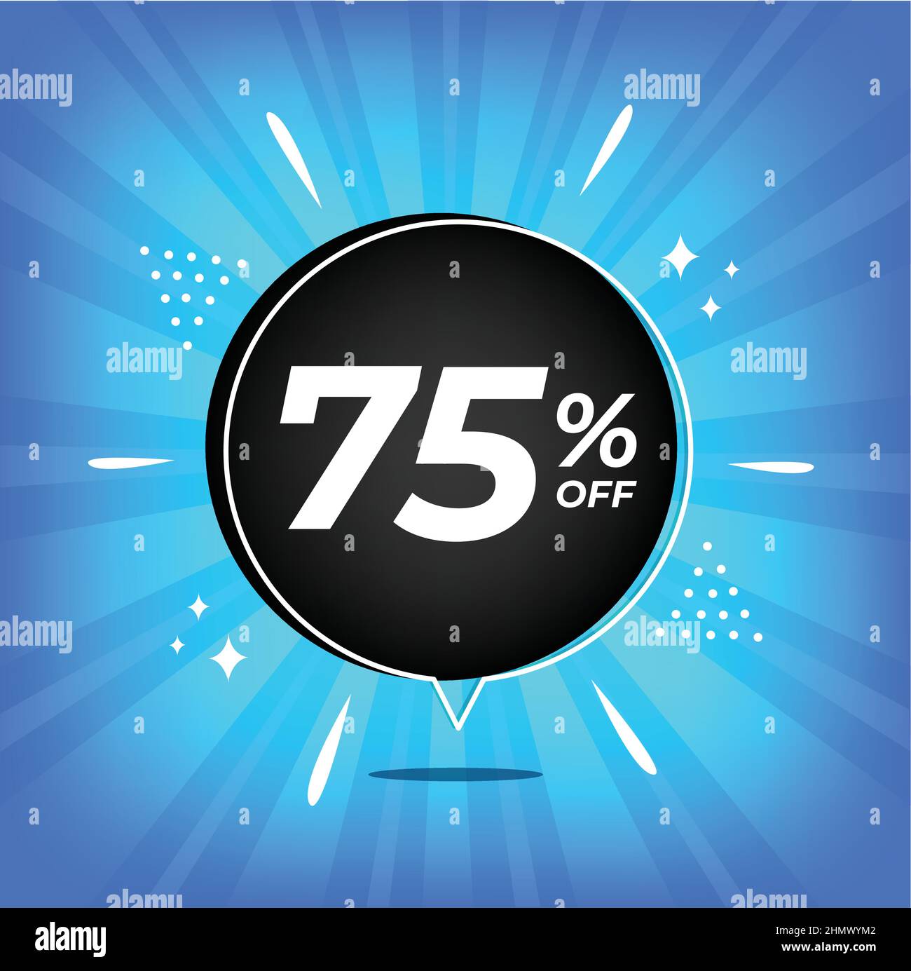 75% off. Blue banner with seventy-five percent discount on a black balloon for mega big sales. Stock Vector