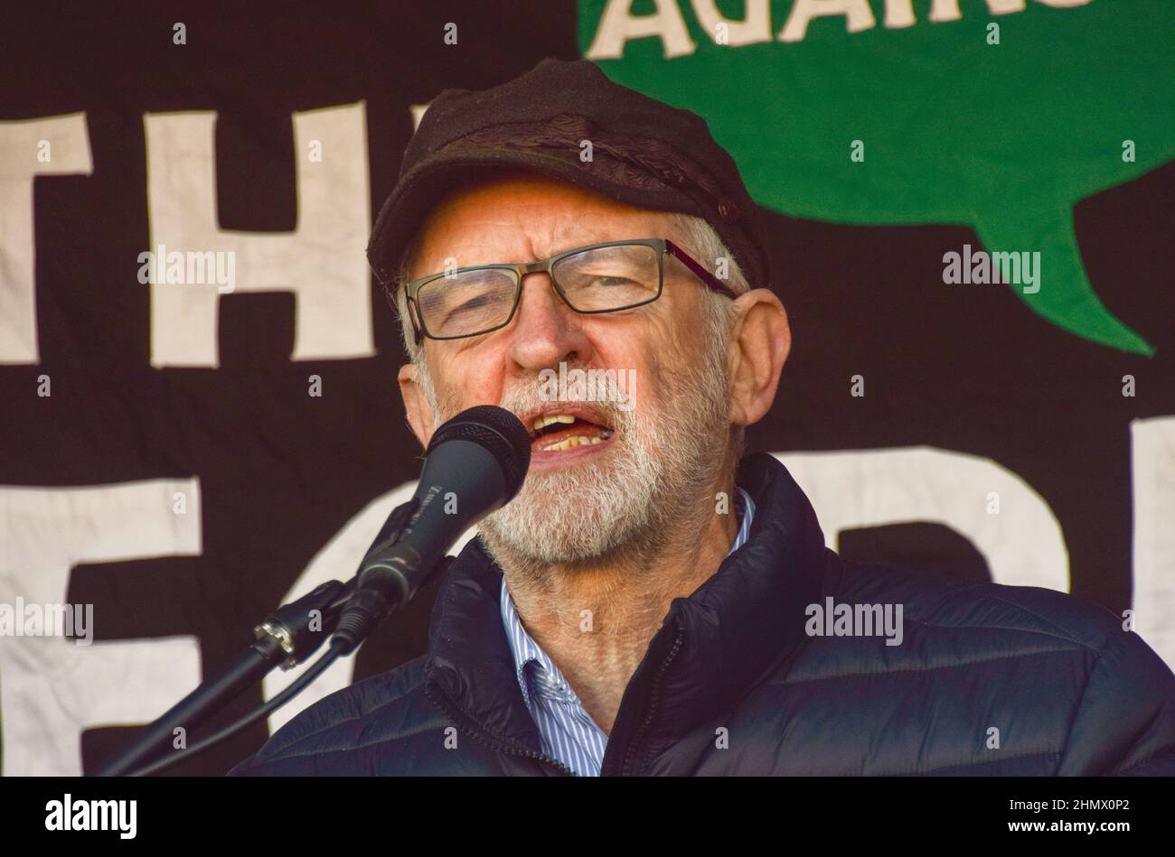 London, UK. 12th February 2022. Labour MP Jeremy Corbyn speaks during the protest. Demonstrators gathered in Parliament Square in protest against the increases in energy prices, fuel poverty and costs of living. Stock Photo