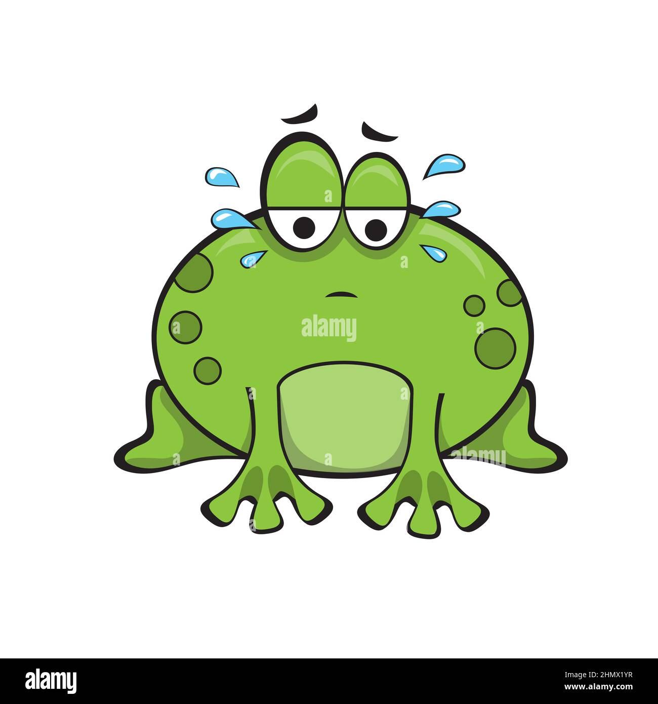 Cute sad frog sitting and crying. Green funny cartoon frog character
