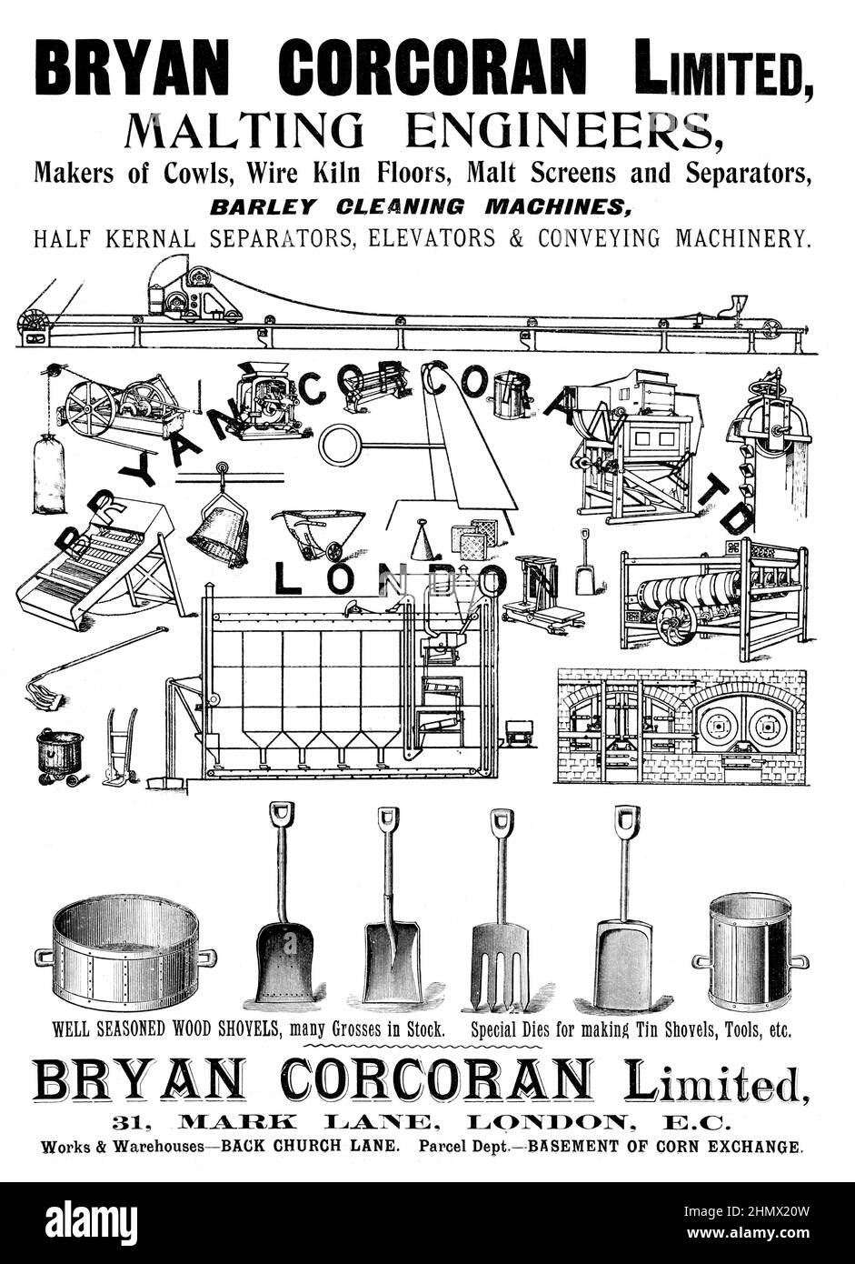 A vintage advert for Bryan Corcoran Malting house tool and equipment supplies, from the Brewery Trade Gazette, 1902 Stock Photo