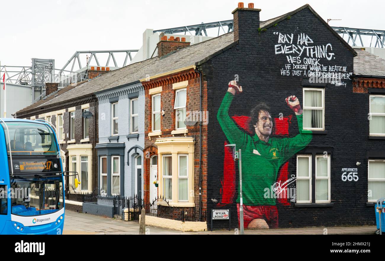 The Ray Clemence Mural on the corner of Wylva Rd and Walton Breck Road, Anfield, Liverpool 4. Taken in September 2021. Stock Photo