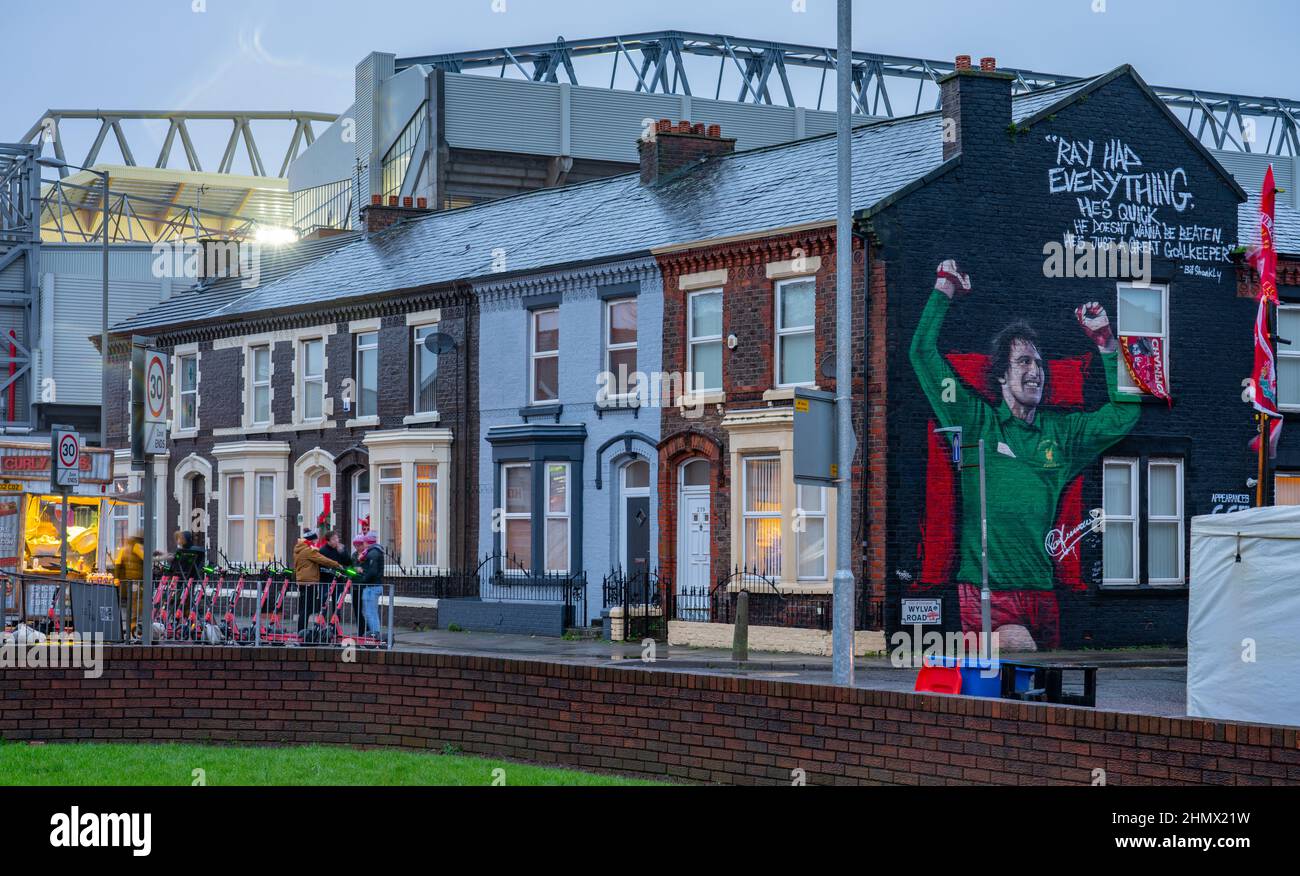 The Ray Clemence Mural on the corner of Wylva Rd and Walton Breck Road, Anfield, Liverpool 4. Taken in December 2021. Stock Photo