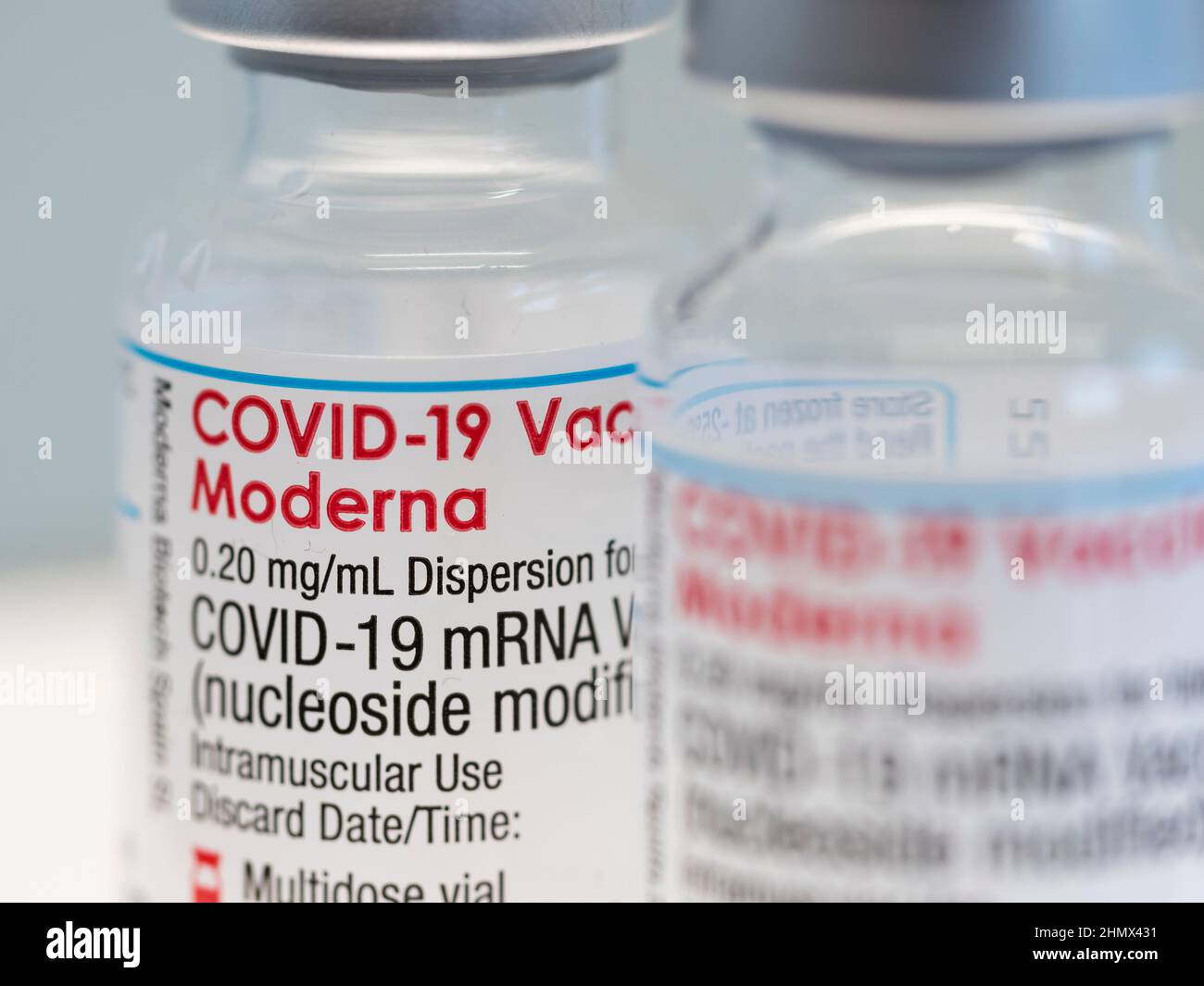 Close-up of two vials with Moderna Covid-19 vaccine Stock Photo