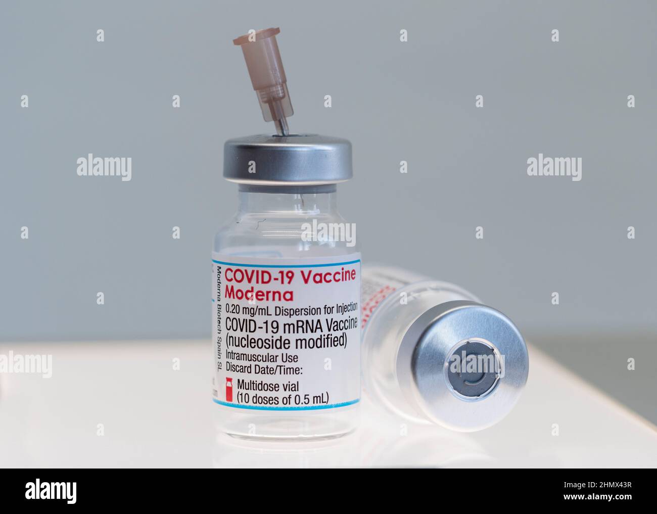 Close-up of two vials with Moderna Covid-19 vaccine Stock Photo