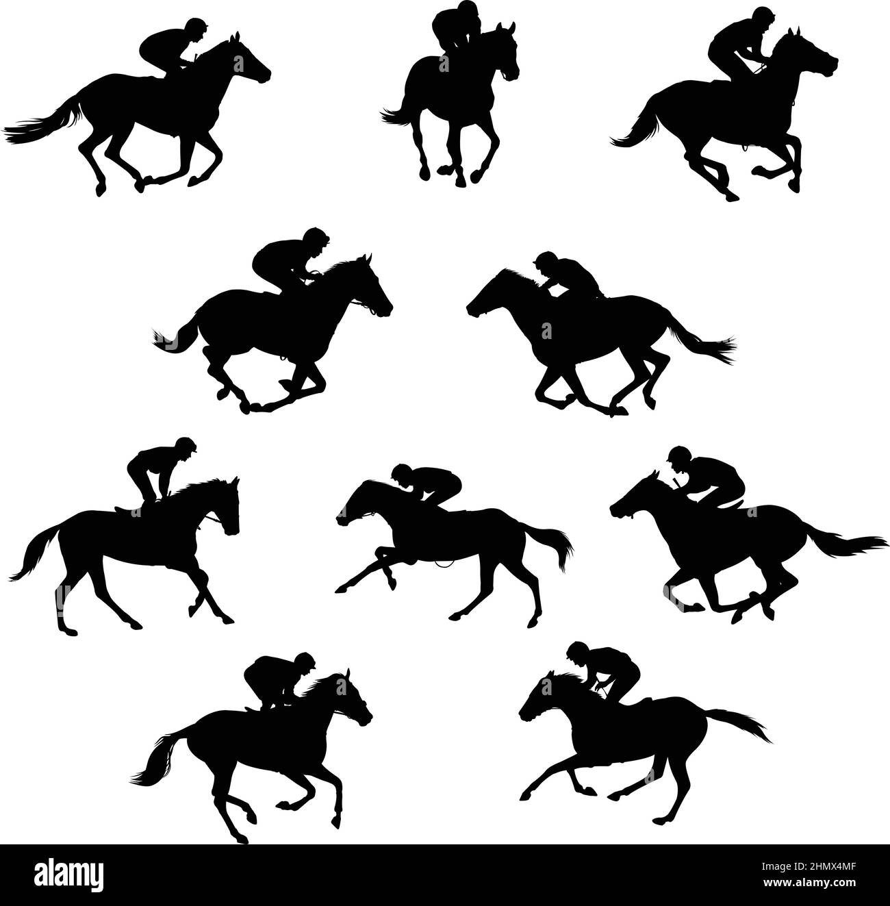 10 racing horses and jockeys silhouettes - vector Stock Vector