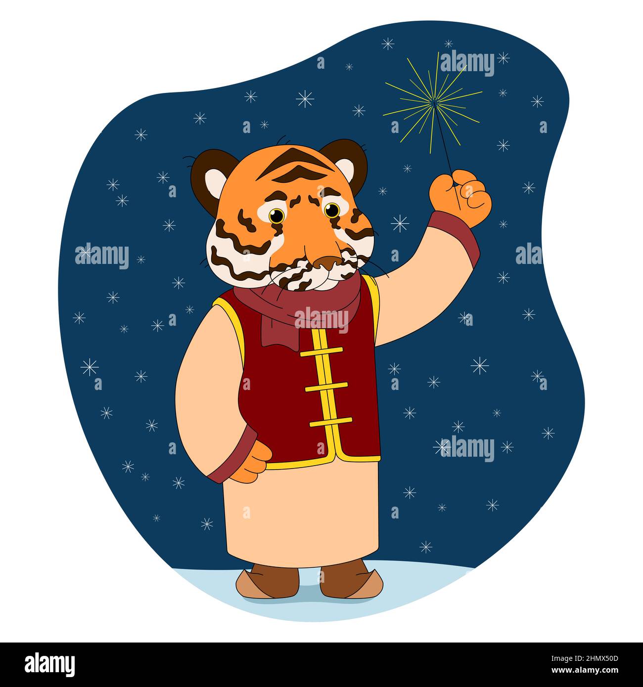 Colorful illustration of tiger for Chinese New year. The symbol of the year 2022 according to the Lunisolar Chinese calendar. Cute vector animal in ca Stock Vector