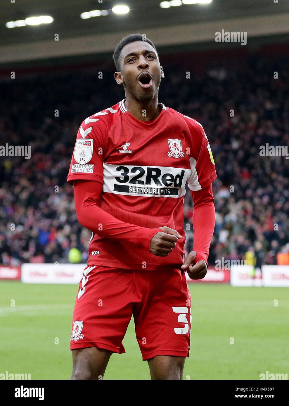 Middlesbrough's Isaiah Jones celebrates after his cross found team-mate Matt Crooks to score their second goal during the Sky Bet Championship match at the Riverside Stadium, Middlesbrough. Picture date: Saturday February 12, 2022. Stock Photo
