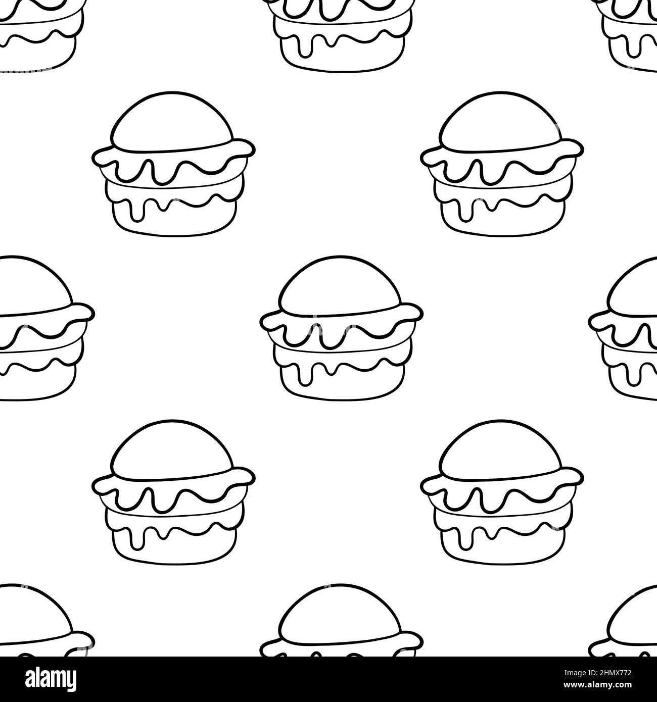 Black line doodle hamburger seamless pattern on white. Stock Vector