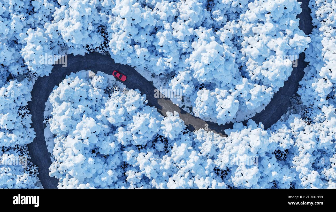 Adventure road trip in the white snowy frozen forest , aerial view of a car on deep jungle road. On The Road Again concept. Stock Photo