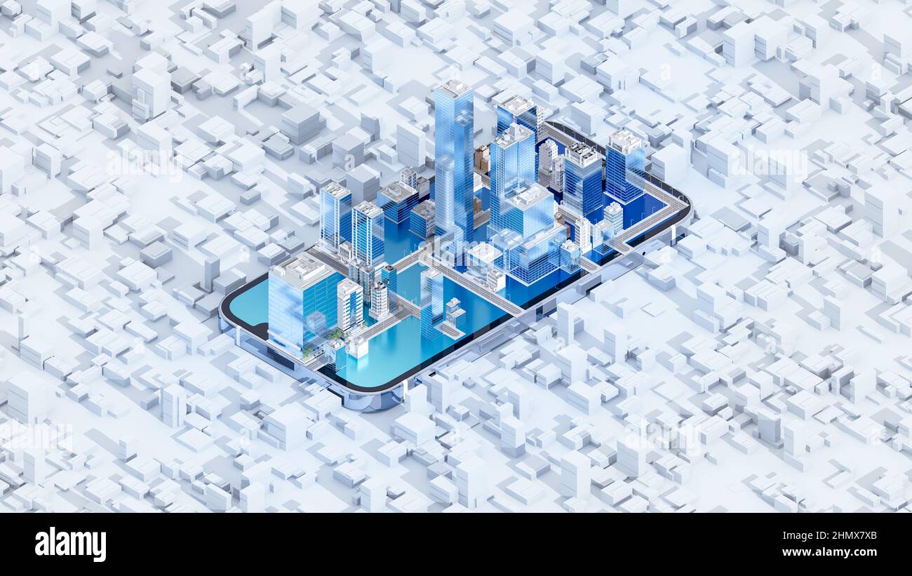 Smartphone with smart city techno low poly mega city background, urban and futuristic technology concepts. 3D rendering. Stock Photo