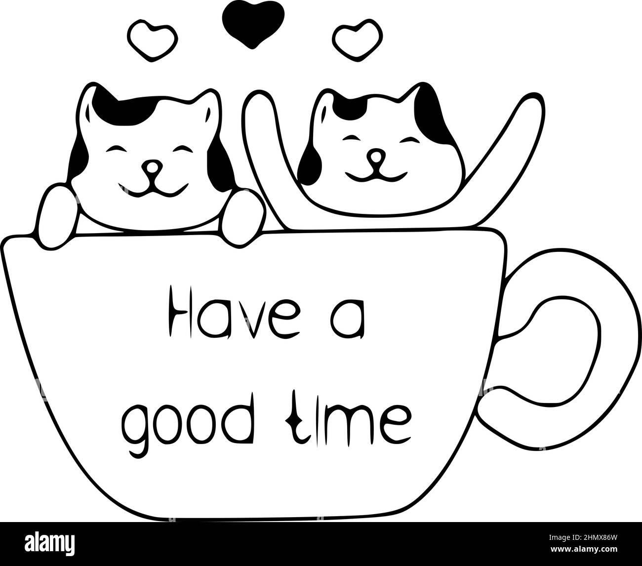 Happy cats in a cup doodle icon, Have a good time. Cute pets vector art on white background. Stock Vector