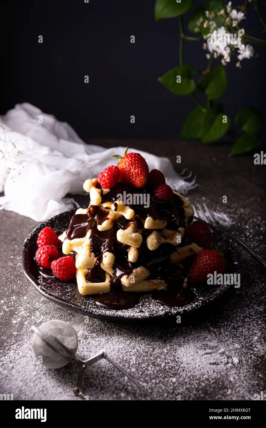 Darkfood style Photography of homemade waffles with chocolate, fruits and icing sugar Stock Photo