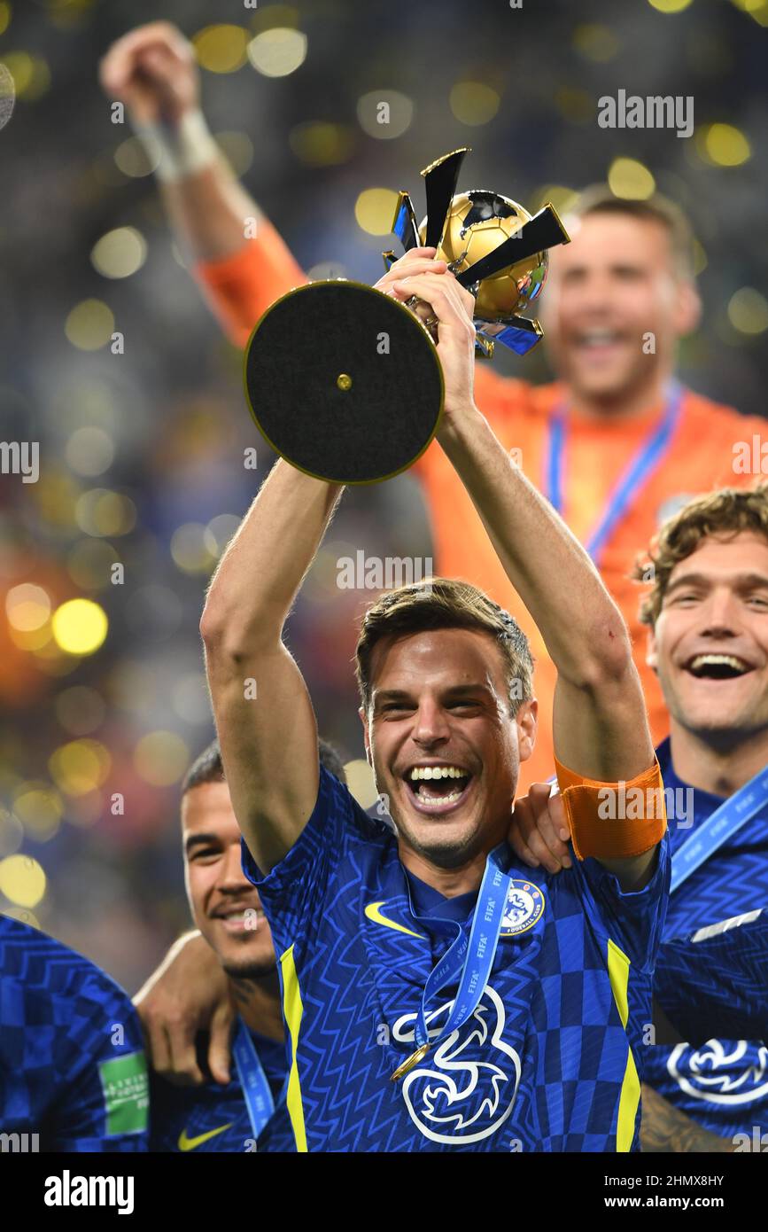 Chelsea's Cesar Azpilicueta celebrates with the trophy after the FIFA