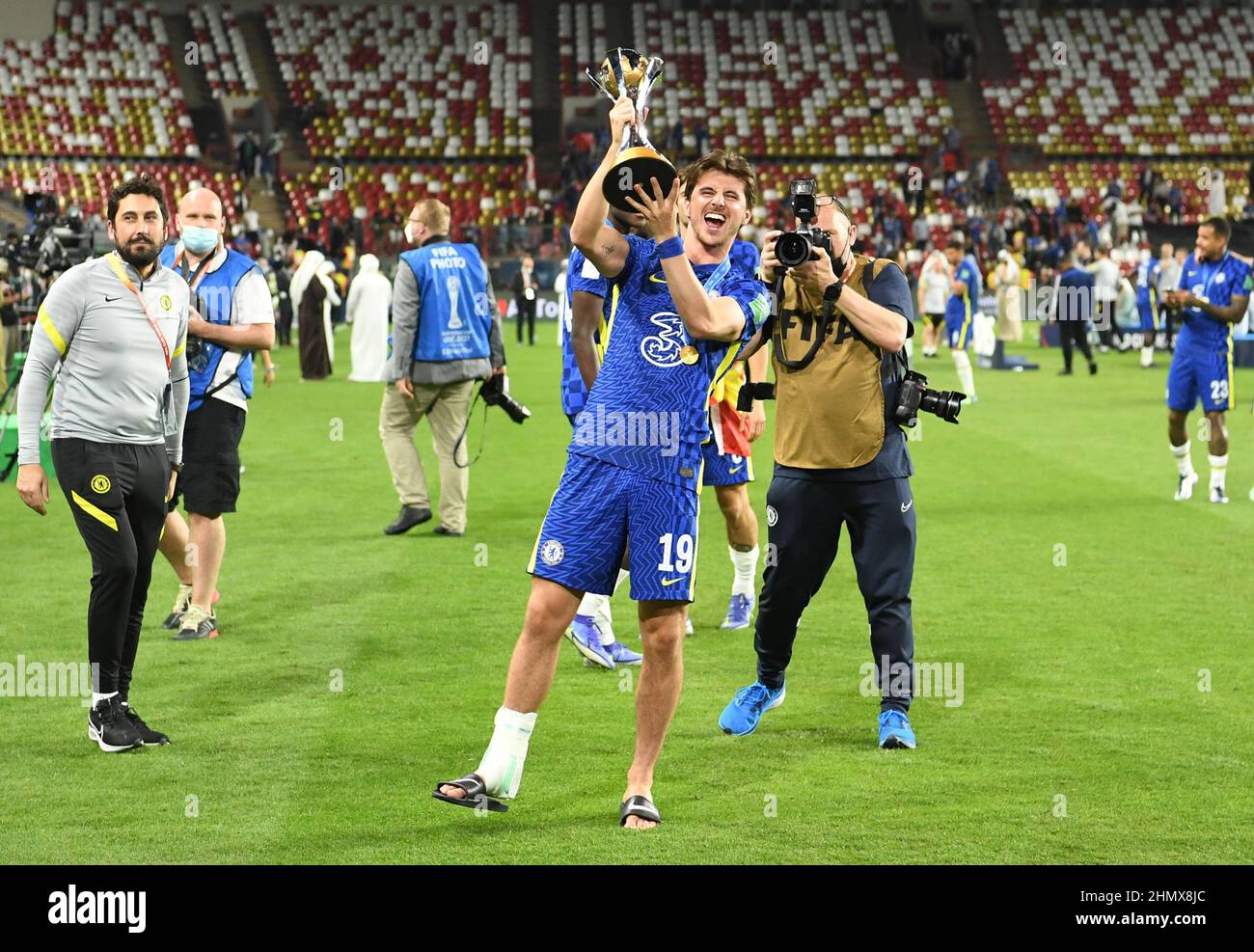 Chelsea's Mason Mount celebrates with the trophy after the FIFA Club