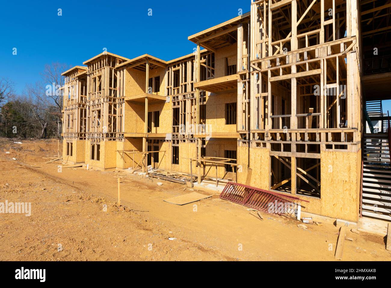 Horizontal shot of the woodwork of a new apartment building. Stock Photo