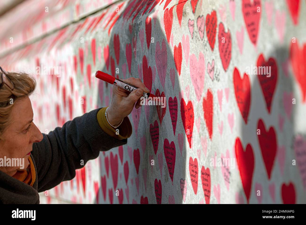 Female writing names on The National COVID Memorial Wall painted with red hearts on beautiful sunny day . Westminster, London , UK . Stock Photo