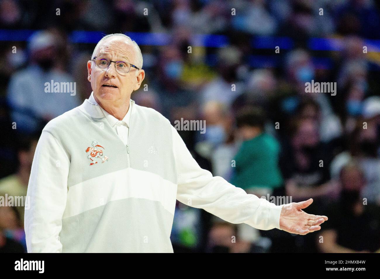 Winston-Salem, NC, USA. 12th Feb, 2022. Miami (Fl) Hurricanes head coach Jim Larra-aga reacts to the call during the first half against the Wake Forest Demon Deacons in the ACC Basketball matchup at LJVM Coliseum in Winston-Salem, NC. (Scott Kinser/Cal Sport Media). Credit: csm/Alamy Live News Stock Photo