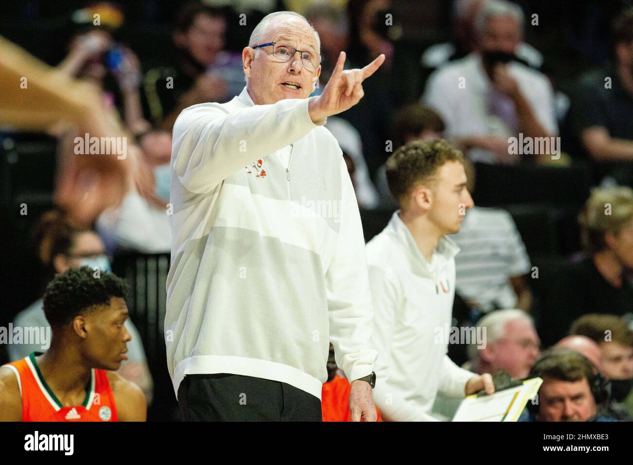 Winston-Salem, NC, USA. 12th Feb, 2022. Miami (Fl) Hurricanes head coach Jim Larra-aga calls the offense during the first half against the Wake Forest Demon Deacon in the ACC Basketball matchup at LJVM Coliseum in Winston-Salem, NC. (Scott Kinser/Cal Sport Media). Credit: csm/Alamy Live News Stock Photo