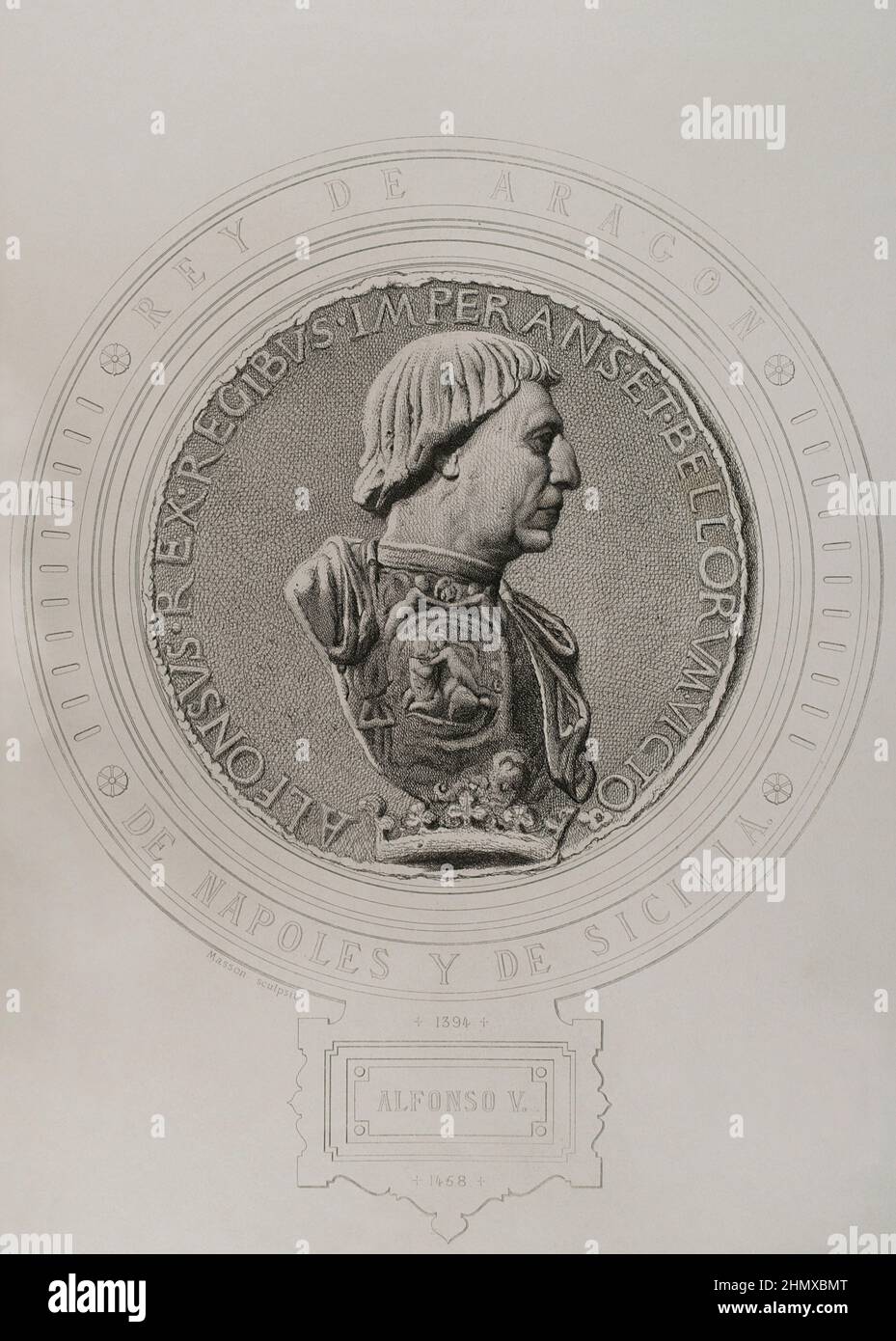 Alfonso V the Magnanimous (1396-1458). Alfonso IV as Count of Barcelona, Alfonso III as King of Valencia and Alfonso I as King of Mallorca and Naples. King of the Crown of Aragon (1416-1458). King of Naples (1442-1458). Portrait. Engraving by Masson. Lithographed by Magín Pujadas. 'Historia General de España' by Modesto Lafuente. Volume II. Published in Barcelona, 1879. Author: Antoine Masson (1636-1700). French artist. Stock Photo