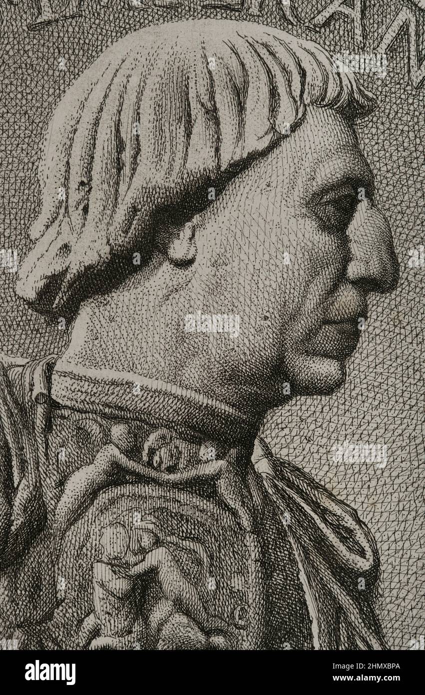 Alfonso V the Magnanimous (1396-1458). Alfonso IV as Count of Barcelona, Alfonso III as King of Valencia and Alfonso I as King of Mallorca and Naples. King of the Crown of Aragon (1416-1458). King of Naples (1442-1458). Portrait. Engraving by Masson. Lithographed by Magín Pujadas. Detail. 'Historia General de España' by Modesto Lafuente. Volume II. Published in Barcelona, 1879. Author: Antoine Masson (1636-1700). French artist. Stock Photo