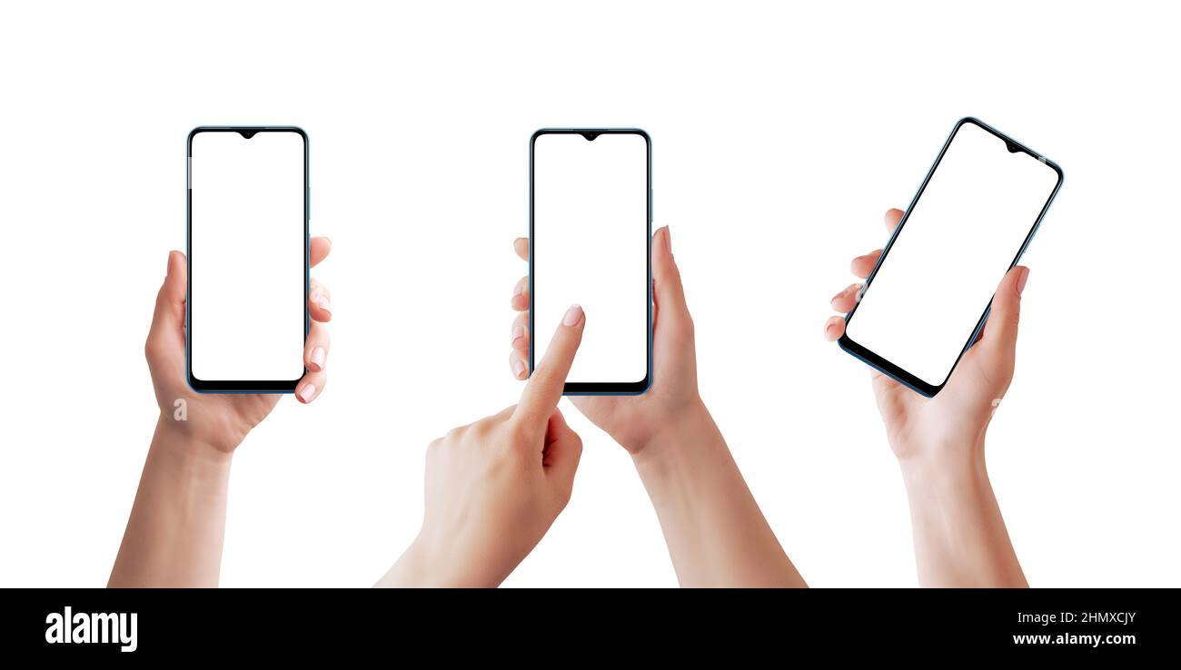 Phone mockup in different woman hands isolated in white. Smooth and soft retouched hands. Blank screen for app presentation Stock Photo