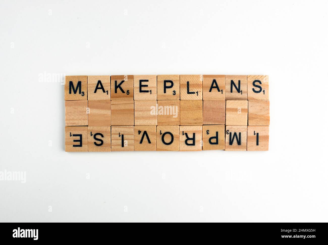 London, UK - February 12th 2022: Scrabble tiles concept plans versus improvisation Stock Photo