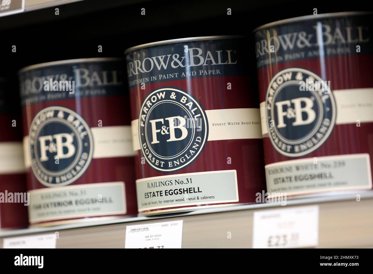 Farrow and Ball paint pictured on a shop shelf in London, UK. Stock Photo