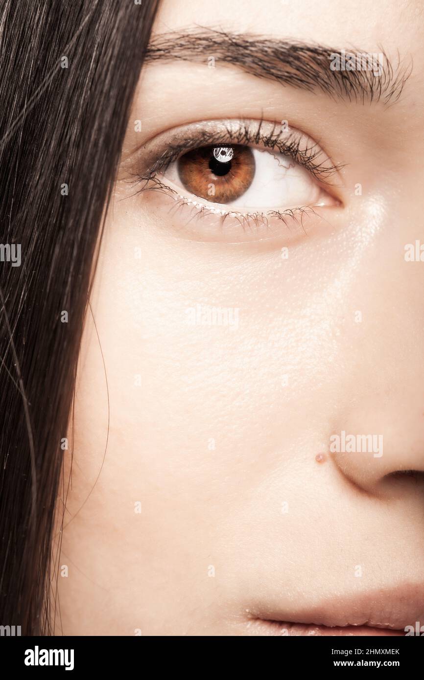 Portrait of a cute brunette girl. Abstract close up eye looking at ...