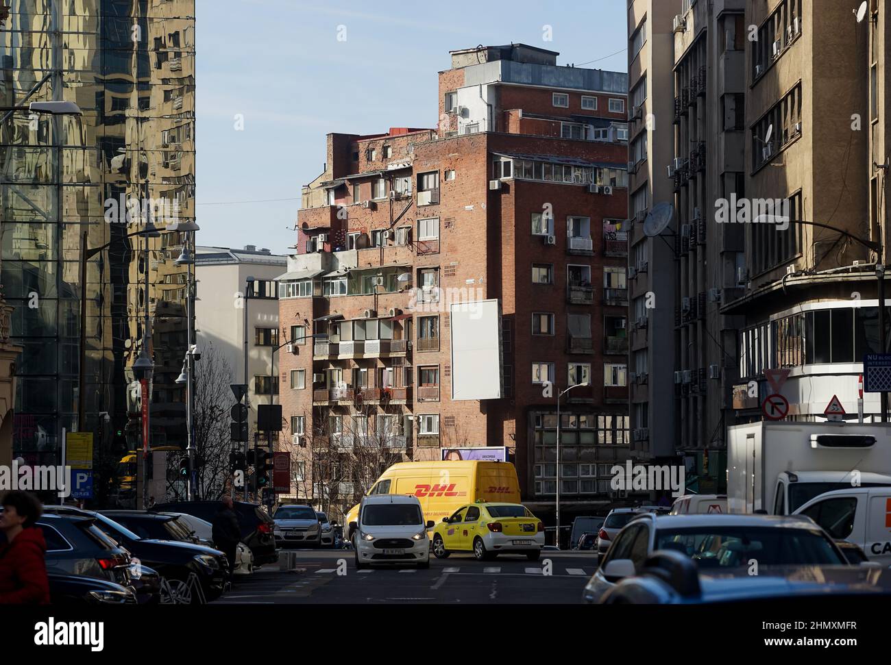 Bucharest, Romania January 04, 2022 The red brick block of flats
