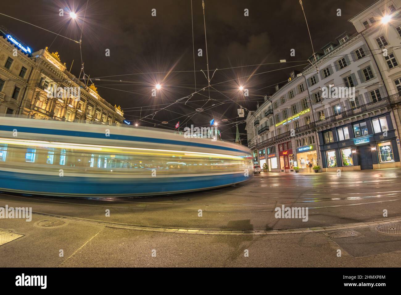 Zurich, Switzerland - May 15, 2017: night city skyline and tram at Paradeplatz Stock Photo