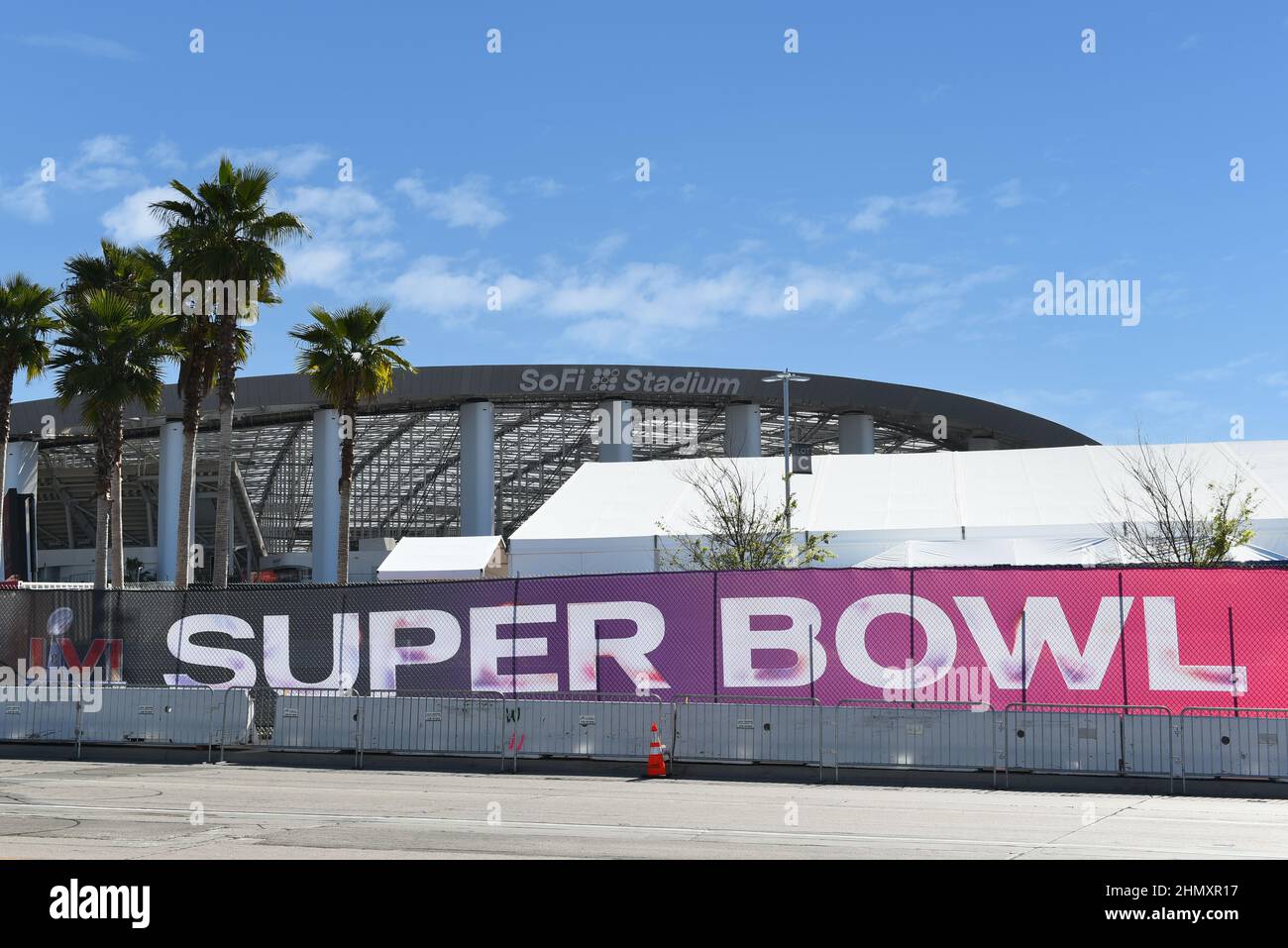 INGLEWOOD, CALIFORNIA - 12 FEB 2022: SoFi Stadium decked out for Super Bowl LVI game between the Los Angeles Rams and Cincinnati Bengals. Stock Photo